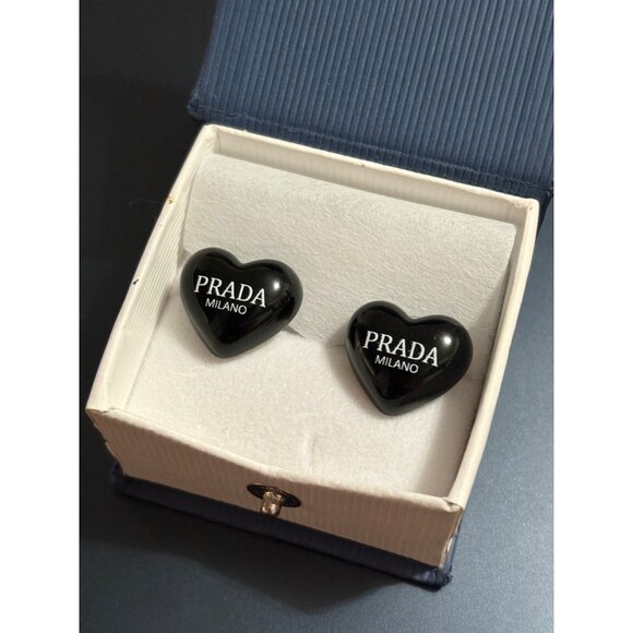 Authentic Prada Milano Black Heart Earrings Upcycled Repurposed Buttons & Box - Picture 3 of 7